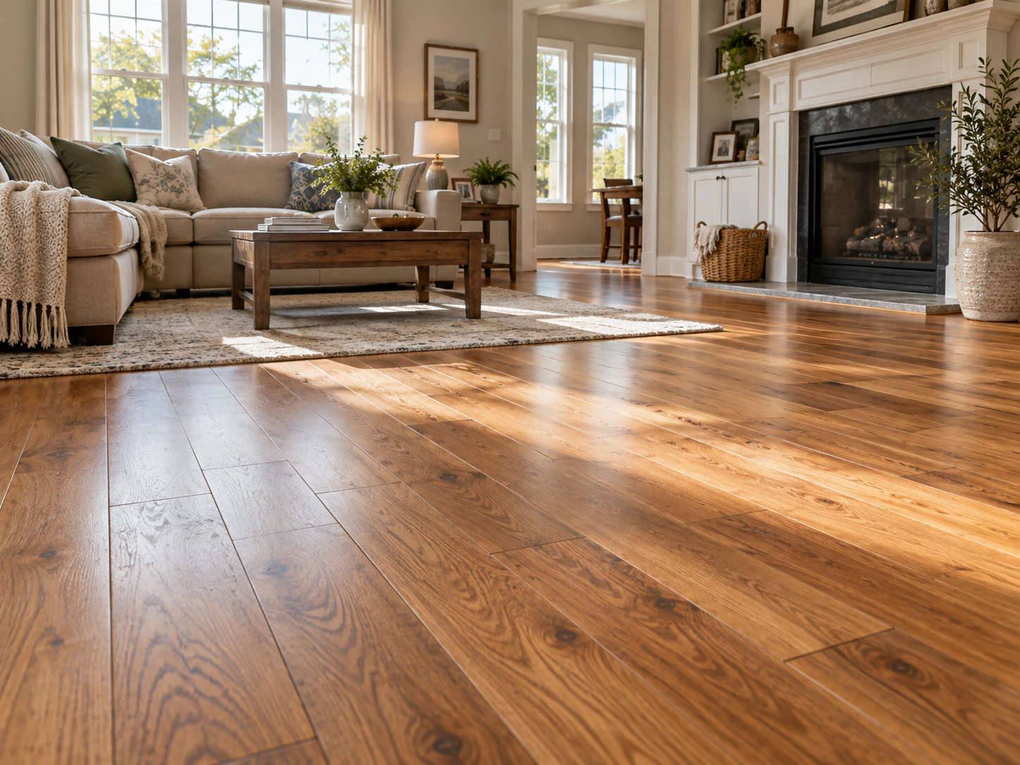 Hardwood flooring in a bright living room